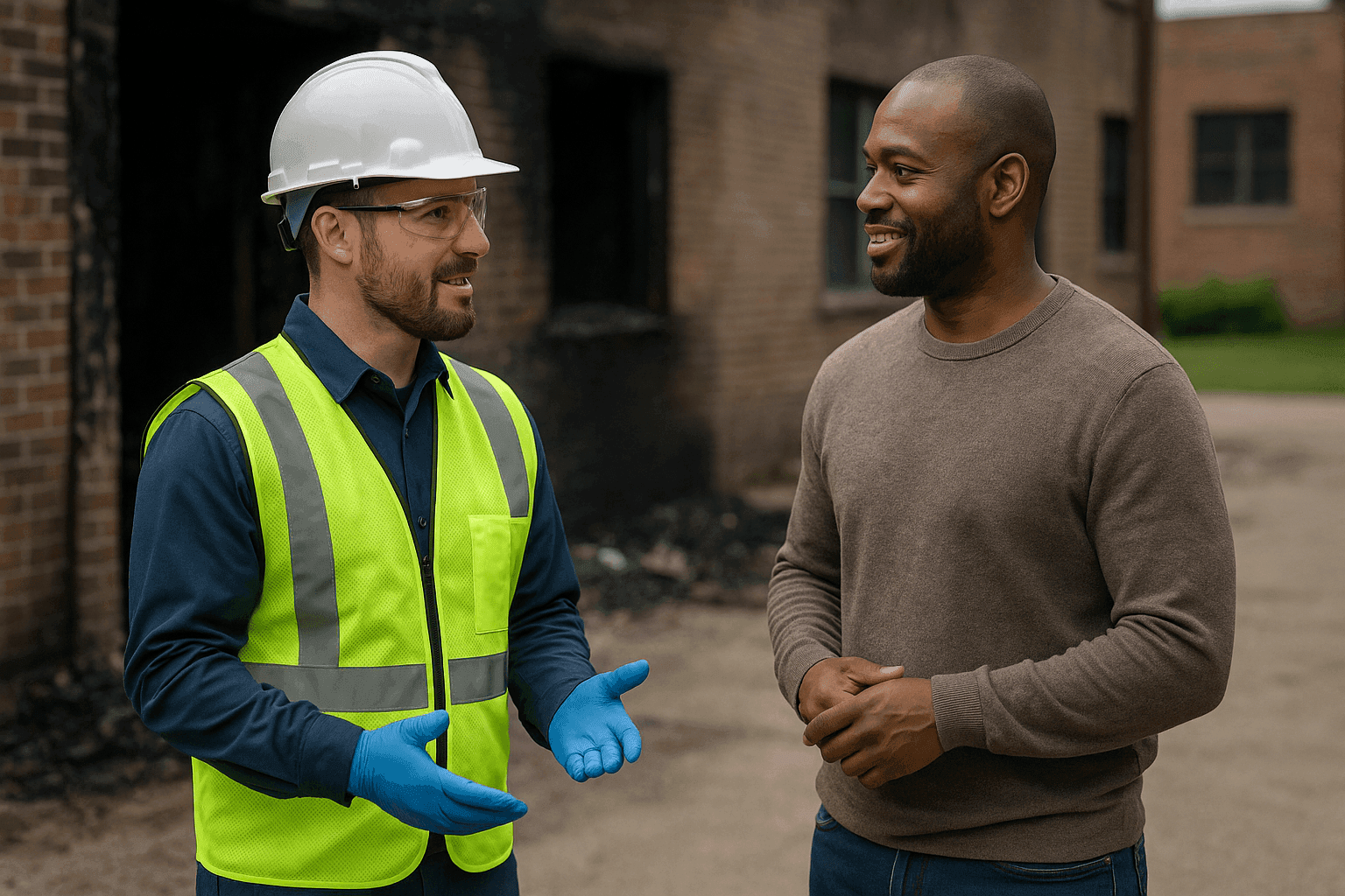 Restoration team leader explaining process to property owner at job site