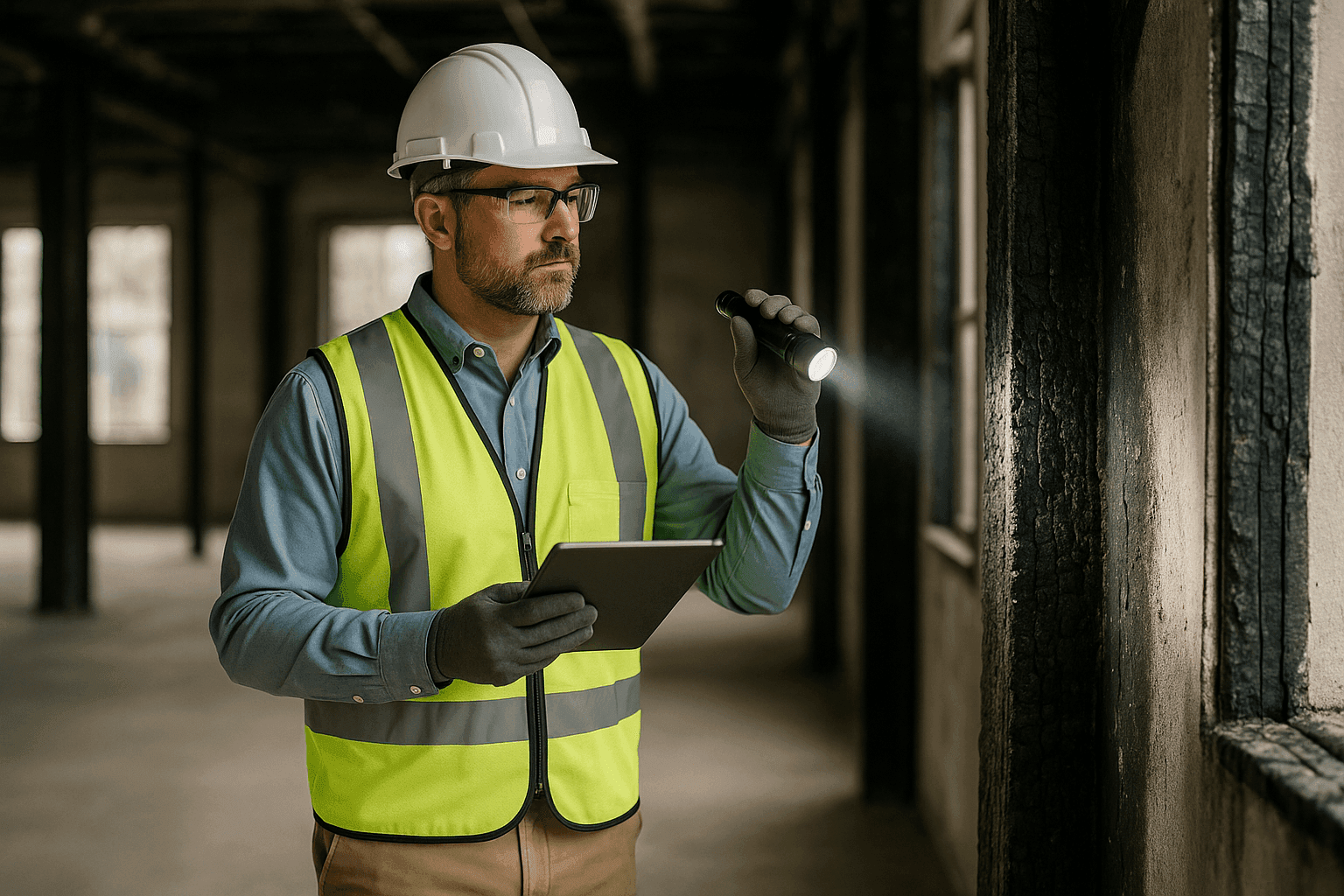 Inspector revisando un edificio dañado por incendio con una tableta digital y linterna