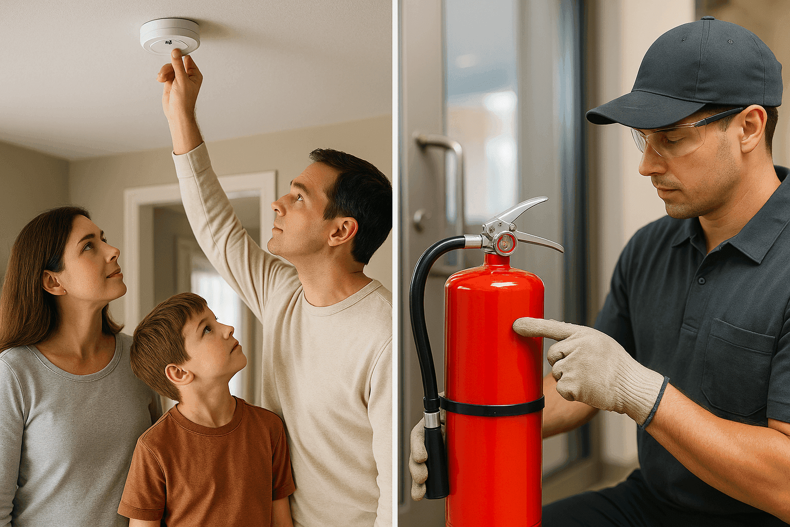 Homeowner and small business owner checking smoke detectors and fire extinguishers for fire prevention