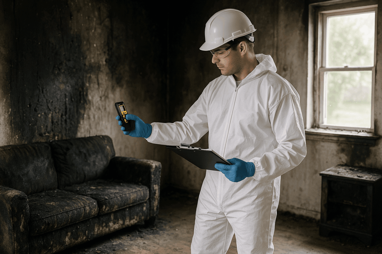 Restoration expert assessing fire-damaged living room with clipboard and moisture meter