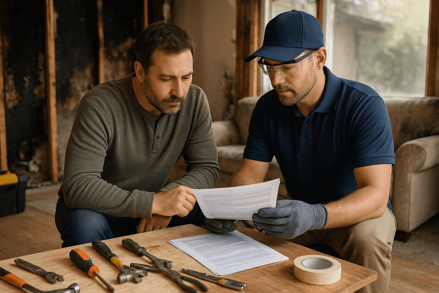 Homeowner discussing fire damage insurance claim with restoration professional