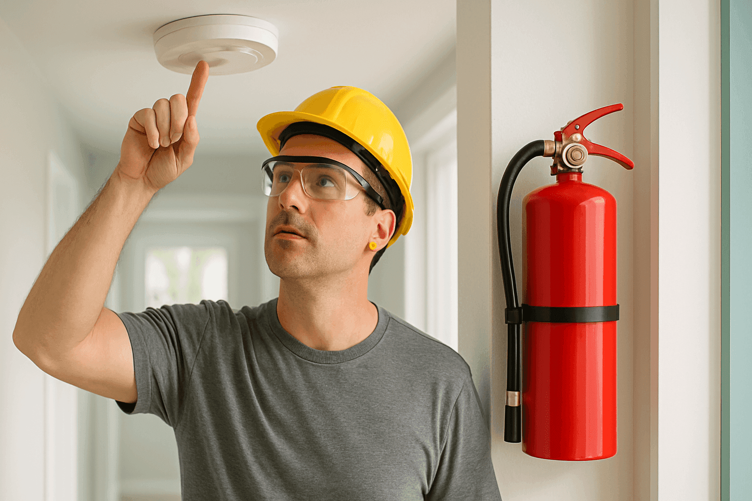 Homeowner testing smoke alarm and checking fire extinguisher